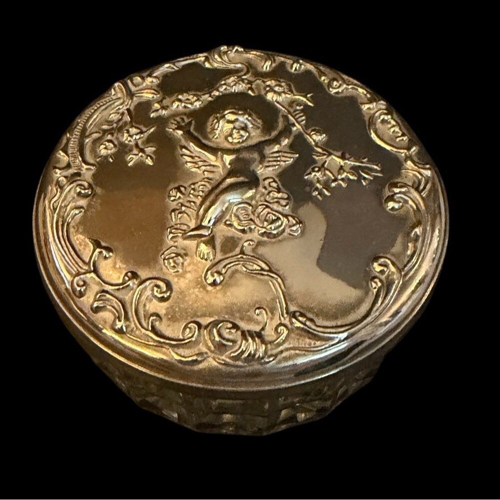 Vtg Angel Cherub Silver Plated Lid W/ Mirror Vanity Powder Holder Puff & Sifter